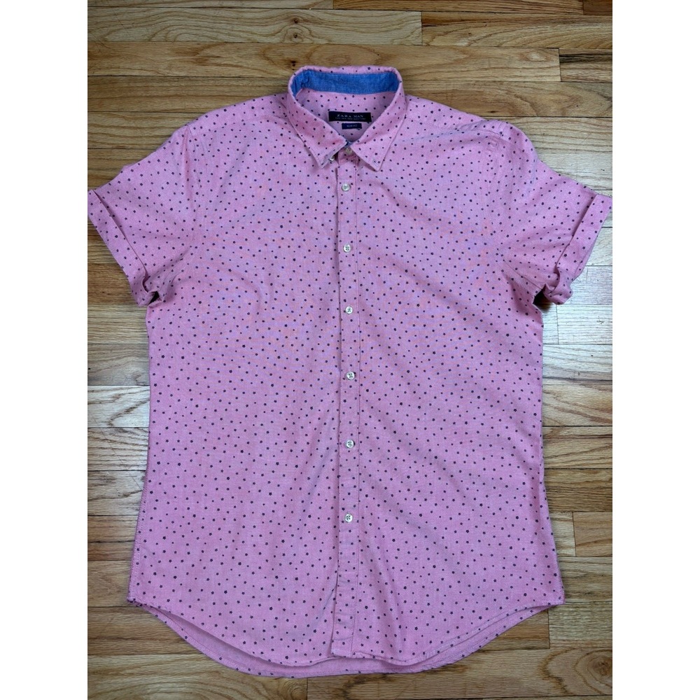 Zara Man Slim Fit Shirt Mens XL Pink Floral Print Short Sleeve Button Up